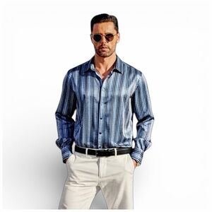 Stefano Ricci Men’s Abstract Silk Long Sleeve Shirt. Blue, Gold, Green. XL